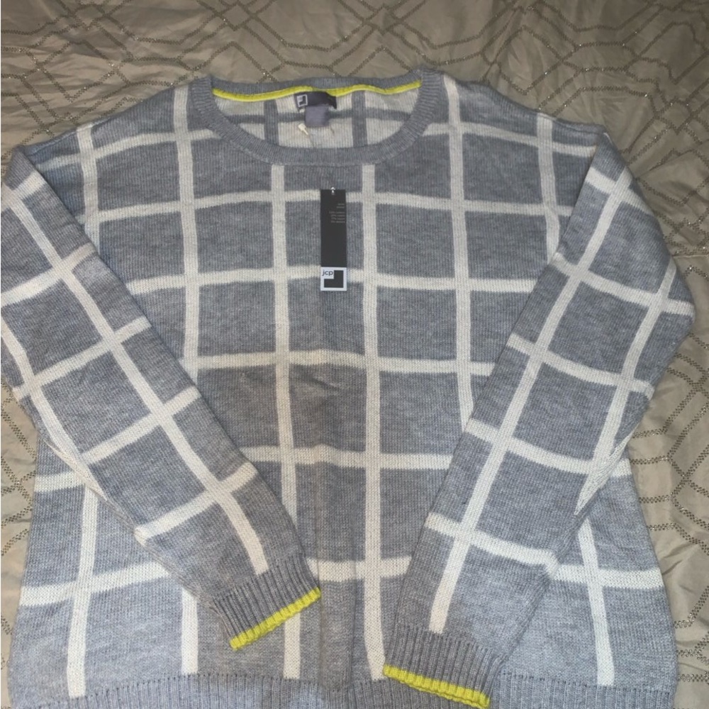 jcpenney Gray & White Windowpane Crewneck Sweater with Yellow Accents